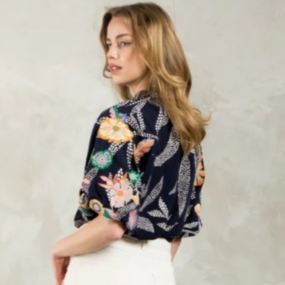 THML Print Embroidered Puff Sleeve Top Popover Blouse Size Small Tassels - Picture 3 of 10